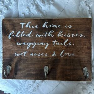 Solid wood dog leash hanging plaque  with 3 hooks
 9” x 13”